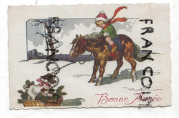 Bonne Année. Petite Fille Sur Un Cheval Dans La Neige, Petit Chien Dans Un Panier. Signée Castelli. 1925 - Castelli