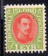 ISLANDA ICELAND ISLANDE 1920 1921 KING CHRISTIAN X 1e MNH - Ongebruikt