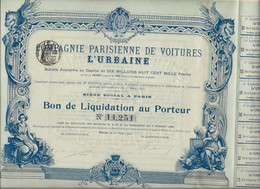 COMPAGNIE PARISIENNE DE VOITURES L"URBAINE  - BON ILLUSTRE DE LIQUIDATION - ANNEE 1902 - Auto's