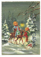 2 Enfants Dans La Forêt Enneigée, 2 Biches, Lanterne, Champignons:" Viel Glück Im Neuen Jahre". Dorée - New Year