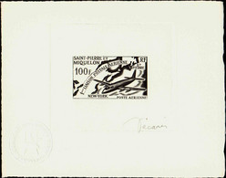 Saint Pierre Et Miquelon épreuves D'artistes Poste Aérienne N°31 100f  1ère Liaison Postale épreuve En Noir Signée - Imperforates, Proofs & Errors