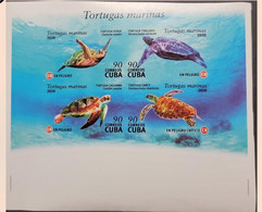 O) 2020 CUBA, IMPERFORATE, SEA TURTLES IN DANGER OF EXTINCTION - EN, CHELONIA MYDAS, DERMOCHELYS CORIACEA, CARETTA, ERET - Non Dentellati, Prove E Varietà