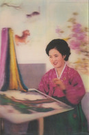 North Korea - Korean Woman Making Embroidery 3 D Dimensional Postcard - Korea, North