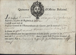 Quittance D'officier Réformé Militaire Capitaine Régiment De Dillon Strasbourg 9 7 1729 Dos Attestation Non Remplie - ... - 1799
