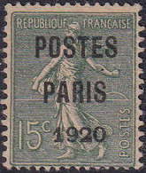 FRANCE  PREOBLITERES N°25 15c Semeuse Lignée "Postes Paris 1920" Qualité:(*) Cote:125 - Other & Unclassified