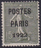 FRANCE  PREOBLITERES N°31 15c Semeuse Lignée "Postes Paris 1922" Qualité:(*) Cote:500 - Other & Unclassified