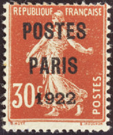 FRANCE  PREOBLITERES N°32 30c Semeuse Rouge "Postes Paris 1922" Qualité:* Cote:750 - Autres & Non Classés