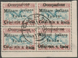 Em. Di Itaca 1941 - II Tir. "O" Maiuscola 5 L. Rosso E Azzurro Quartina Adf Usata Rara Periziata - Sassone N.28 - Cefalonia & Itaca