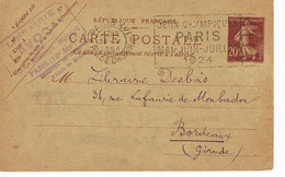 ENTIER POSTAL  - MARQUE POSTALE -  JEUX OLYMPIQUES 1924 - PLACE CHOPIN - 22-05-1924- - Sommer 1924: Paris