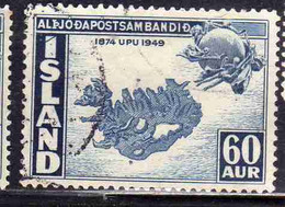 ISLANDA ICELAND ISLANDE 1949 UPU 75th ANNIVERSARY MAP 60a USED USATO OBLITERE' - Usados