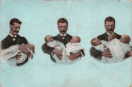 CPA Humour - Un Homme Avec Un Enfant Heureux - Jumeaux Inquiet - Triplet Apeuré - Papa Débordé - 1910 - Humour
