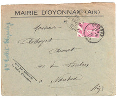 OYONNAX Ain Lettre Entête Mairie 75c Semeuse Lignée Yv 202 Bord De Feuille Imprimé Ob Daguin Flamme 1932 - Lettres & Documents