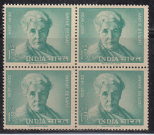 Block Of 4, MNH India 1963, Annie Besant, Theosophist, United Kingdom Born Women's Activitist, Writer, Freemason - Blokken & Velletjes