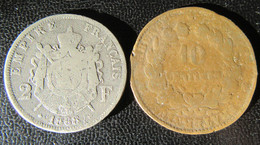 France - Curiosités - 2 Faux D'époque - 2 Francs Napoléon III 1868 Et 10 Centimes Cérès (date Illisible) - Errores Y Curiosidades