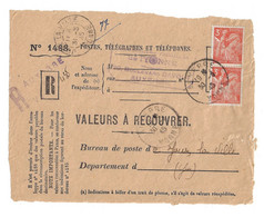 AUXERRE Yonne Valeurs à Recouvrer N° 1488 Iris 3 F Yv 655 Tf 31 03 1945  Dest Guillon Recommandé Provisoire Tampon - 1939-44 Iris
