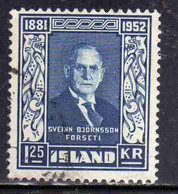 ISLANDA ICELAND ISLANDE 1952 SVEINN BJORNSSON 1.25k USED USATO OBLITERE' - Luftpost