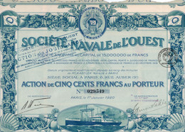 SOCIETE NAVALE DE L'OUEST. N° 029,524 ACTION DE 500 FRS AU PORTEUR. - Scheepsverkeer