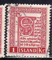 ISLANDA ICELAND ISLANDE 1953 CORNER OF 15th CENTURY MANUSCRIPT  STJORN 1k USED USATO OBLITERE' - Airmail