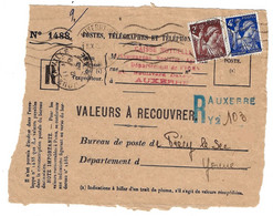 AUXERRE Yonne Valeurs à Recouvrer N° 1488 Iris 2 F Brun 4F Bleu Yv 653 656 Ob 1945  Dest Précy Le Sec Recommandé Tampon - 1939-44 Iris