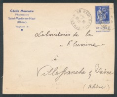 Paix 65c Bleu Avec Pub Poste Aérienne/Lettre De St-Martin-en-haut (Rhône) Pour Villefranche Sur Saône (voir Description) - Lettres & Documents