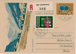 Ganzsache Krone Steg Triesenberg - Schellenberg 1980 - Familienwappen Frick Helm Kreuz Schild - Enteros Postales