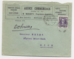 MONACO  50C VIOLET LETTRE COVER ENTETE AGENCE COMMERCIALE ASSURANCE IMMOBILIERE MONACO 1934 TO NICE - Brieven En Documenten