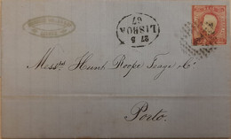 PORTUGAL 1867 E. Franked D. Luis 1862 25rs Franked On Folded Letter From Lisbon To Porto Tied With Numeral Grill Cancel - Covers & Documents