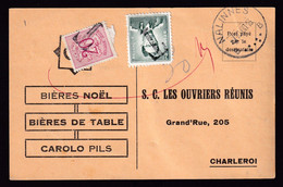 DDCC 616 - BRASSERIE Belgique - Carte Privée "Les Ouvriers Réunis" Non Affranchie MALINES 1960 - Taxée Timbres Avec T - Bier