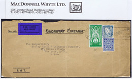 Ireland Airmail 1937 Wmk SE St. Patrick 2/6d Green With SE 3d And E 1/- Definitives On P&T Airmail Cover To New York - Covers & Documents