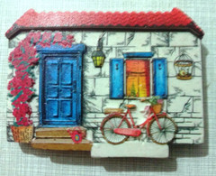 Magnet, Traditional Alaçatı (İzmir) Houses And Bicycle 7,5 X 5,5cm - Other & Unclassified