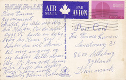 Canada CPA Red Deer's City Hall AIR MAIL Par Avion Label ROCK? Alberta 1970 SILKEBORG Denmark (2 Scans) - Storia Postale