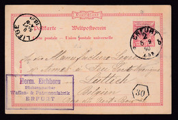 378/37 - ARMURERIE LIEGEOISE - Entier Postal Allemagne ERFURT 1890 Vers La Manufacture Liégeoise D' Armes à Feu - Shooting (Weapons)