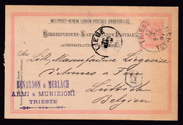 384/37 - ARMURERIE LIEGEOISE - Entier Postal Autriche TRIESTE 1891 Vers La Manufacture Liégeoise D' Armes à Feu - Tiro (armas)