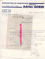 79- NIORT- FACTURE ADRIEN GORIN-MANUFACTURE CONFECTIONS-VELOURS-6 AVENUE REPUBLIQUE-A MOUTAUD SAINT PIERRE FURSAC-1937 - Textile & Vestimentaire