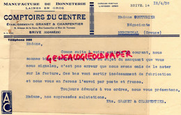 19- BRIVE- LETTRE COMPTOIRS DU CENTRE GRANET CHARPENTIER-MANUFACTURE BONNETERIE- 2 RUE LAMARTINE- 1939 - Kleidung & Textil