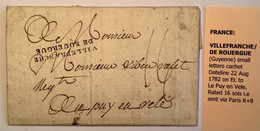 VILLEFRANCHE DE ROUERGUE 1782 (Aveyron) Marque Postale Lettre Avec Texte>Puy En Velay (France - 1701-1800: Voorlopers XVIII