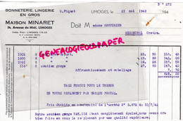 87- LIMOGES-  RARE FACTURE MAISON MINARET -BONNETERIE LINGERIE-24 AVENUE DU MIDI - 1943 - Kleidung & Textil