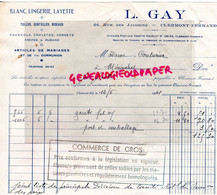 63- CLERMONT FERRAND- FACTURE  L. GAY - BLANC LINGERIE-26 RUE DES JACOBINS-1941 - Kleding & Textiel