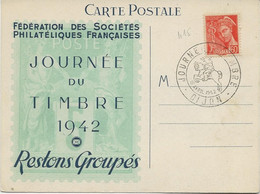 CARTE JOURNEE DU TIMBRE 1942  AFFRANCHIE N°415 -CAD ILLUSTREE  JOURNEE DU TIMBRE -DIJON - Cachets Provisoires