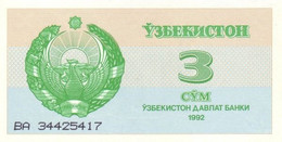 Uzbekistan 3 Cўм (Som) 1992 (1993), UNC, P-62a, UZ B102a - Uzbekistan