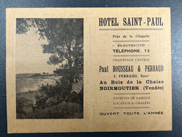 Carte De Visite Dépliant Publicitaire Hôtel Saint Paul Ile De Noirmoutier Calendrier 1938 Vendée - Cartoncini Da Visita