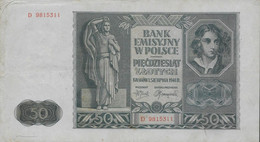 Poland 50 Złotych 1941, VF, S/N D9815311, P-102, PL B102 - Pologne