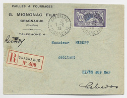 FRANCE MERSON 60C SEUL LETTRE REC C. PERLE GRAGNAGUE 7.2.23 HTE GARONNE - 1900-27 Merson
