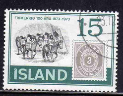 ISLANDA ICELAND ISLANDE ISLAND 1973 CENTENARY OF FIRST POSTAGE STAMPS N. 5 AND PONY TRAIN 15k USED USATO OBLITERE' - Oblitérés