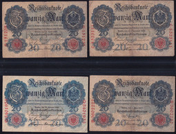 4x 20 Mark Von 1907, 1909, 1910 + 1914 - Reichsbank (DEU-25, 34, 37a, 41b) - 20 Mark