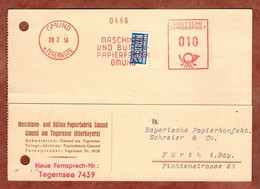 Karte, Notopfer Vorausentwertet Durch Absenderfreistempel, Papierfabrik Gmuend,  Nach Fuerth 1956 (10404) - Briefe U. Dokumente