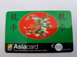 NETHERLANDS   € 10,-  ASIA CARD/ IDT/ DRAGON GREEN CARD       PREPAID  Nice Used  ** 11027** - GSM-Kaarten, Bijvulling & Vooraf Betaalde