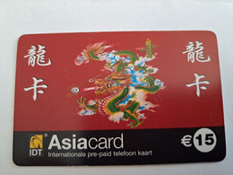 NETHERLANDS   € 15,-  ASIA CARD/ IDT/ DRAGON  RED  CARD       PREPAID  Nice Used  ** 11028** - Cartes GSM, Prépayées Et Recharges