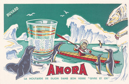 Buvard Publicitaire  - Moutarde AMORA Verre "givre Et Or" Banquise Ours Phoque Eskimau Pingouin Kayak - Senf