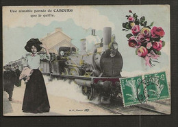14  Une Aimable Pensée De Cabourg Que Je Quitte  < Carte Fantaisie Train - Cabourg